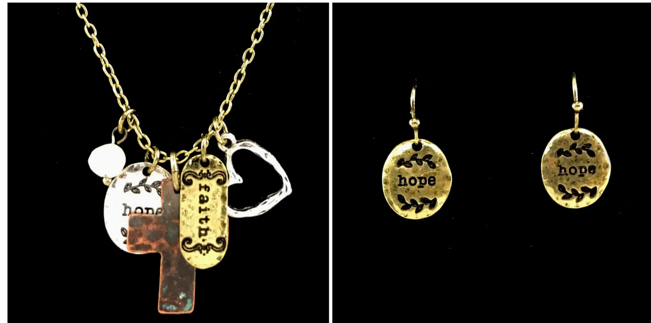 Cross Faith Hope Heart Charms Necklace Earring Set
