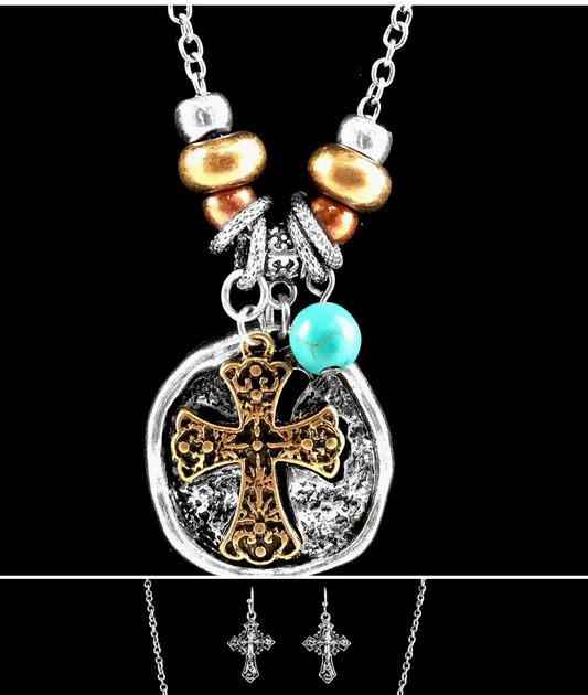Cross Charms Long Necklace Earrings Set