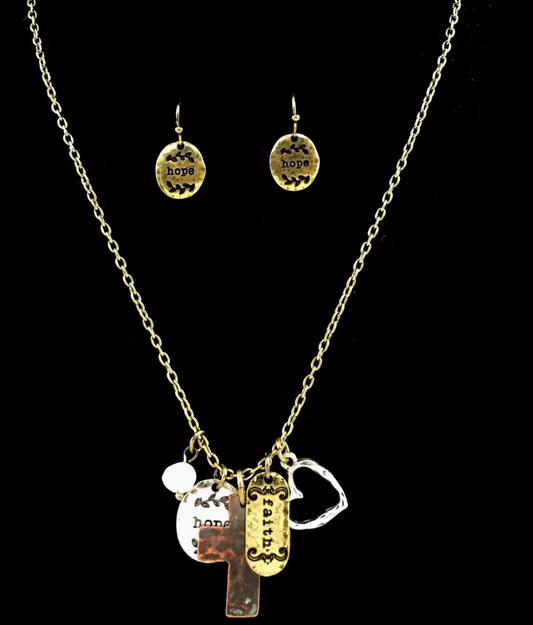 Cross Faith Hope Heart Charms Necklace Earring Set
